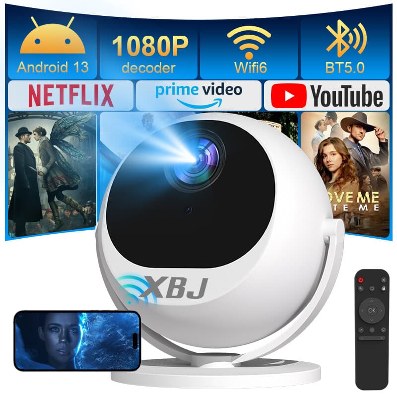 XBJ 360° draagbare en slimme projector, Full HD 1080p, 360° draaibaar voor plafond/wand/tafel, buitenprojector met 500 lumen, 200 inch beeld, automatische keystone & 6D keystone, wifi/bluetooth/hdmi, compatibel met telefoon/pc/PS5, Europese versie, grote