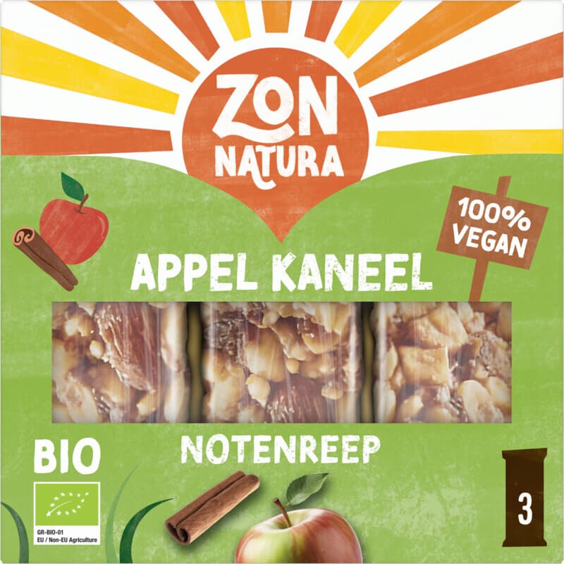 Zonnatura biologische notenreep met appel en kaneel - 3 x 25 g