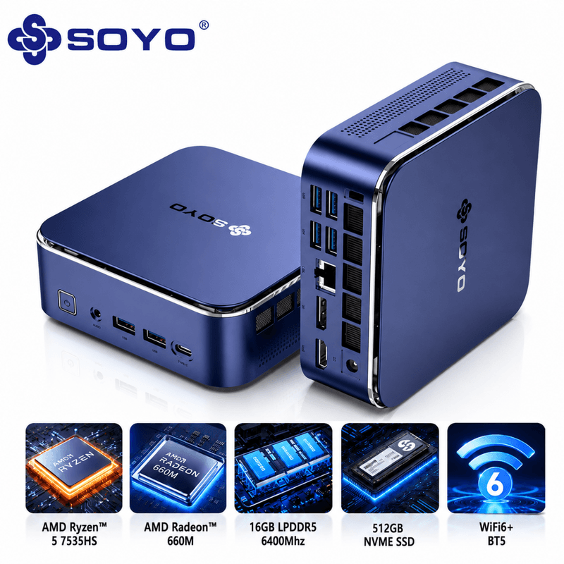 SOYO S5Air Mini-pc, AMD Ryzen 5 7535HS Mini-pc Windows 11 Pro (6 cores, 12 threads, tot 4,55 GHz) 16GB LPDDR5 512GB NVMe SSD Mini-computer | AMD Radeon 660M | BT 5.2 | Wi‑Fi 6E | 8K