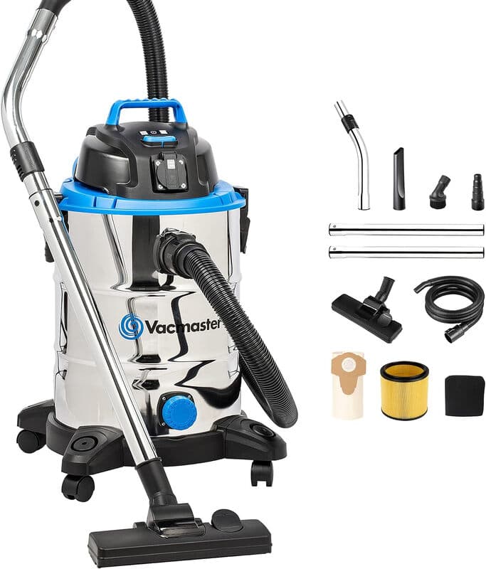 Vacmaster VQ1530SFDC Nat- en Droogzuigers Industriële Stofzuiger 1500 W 30 L met Stopcontact, Blaasfunctie, Droog- en Natzuigen, Industriële Stofzuiger met Zak en Zakloos, Stil / Geluidsarm / Droog / Luchtontvochtiger / Thuis & Commercieel / Kosteneffecti