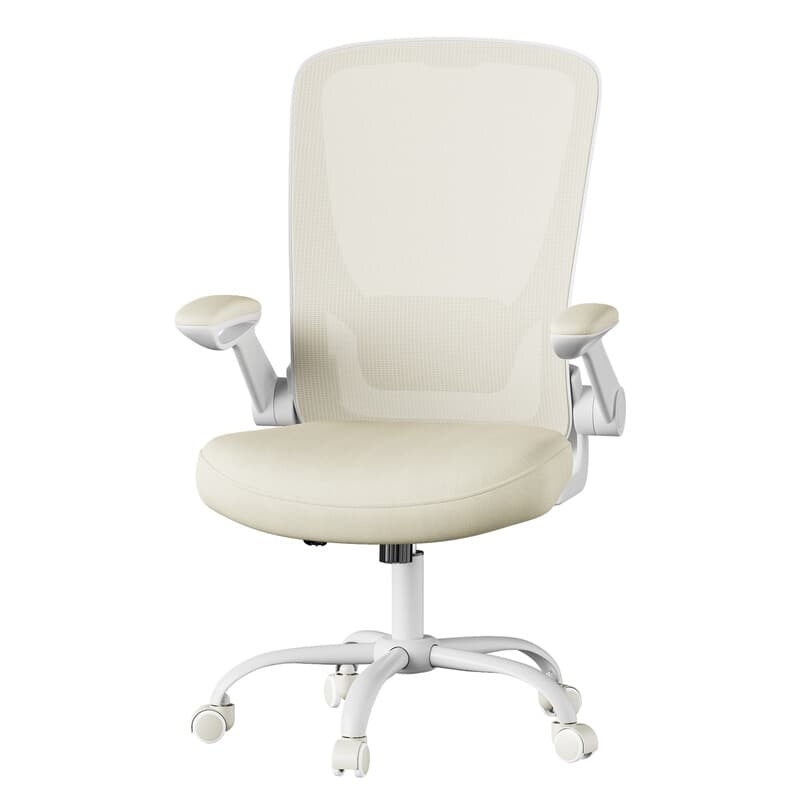 Ochama Bureaustoel met Mesh Rugleuning, Ergonomische Draaistoel met Inklapbare Armleuningen, Beige