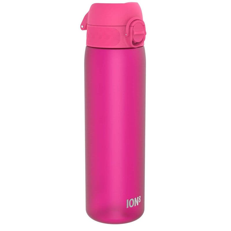 ION8 waterfles, 500 ml/18 oz, lekvrij, eenvoudig te openen, veilige vergrendeling, vaatwasserbestendig, BPA-vrij, hygiënische flip-dop, draaggreep, past in bekerhouders, eenvoudig te reinigen, CO₂-neutraal, roze