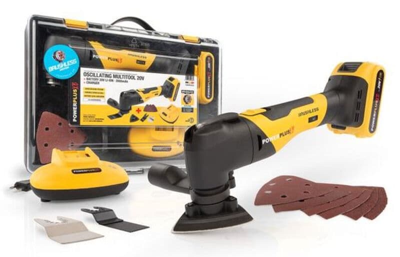 POWERPLUS POWXB40020 20V Draadloze Oscillerende Multitool met Borstelloze Motor, 6 Snelheidsinstellingen, Snelle Ontgrendeling, 2000mAh Accu, Oplader en Koffer