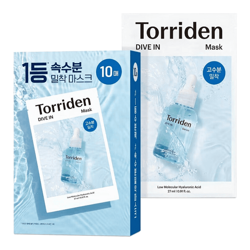 Torriden Dive In Hyaluronzuur gezichtsmaskers (set van 10)– intensieve hydraterende verzorging met hyaluronzuur, panthenol en allantoïne, Koreaans sheetmasker
