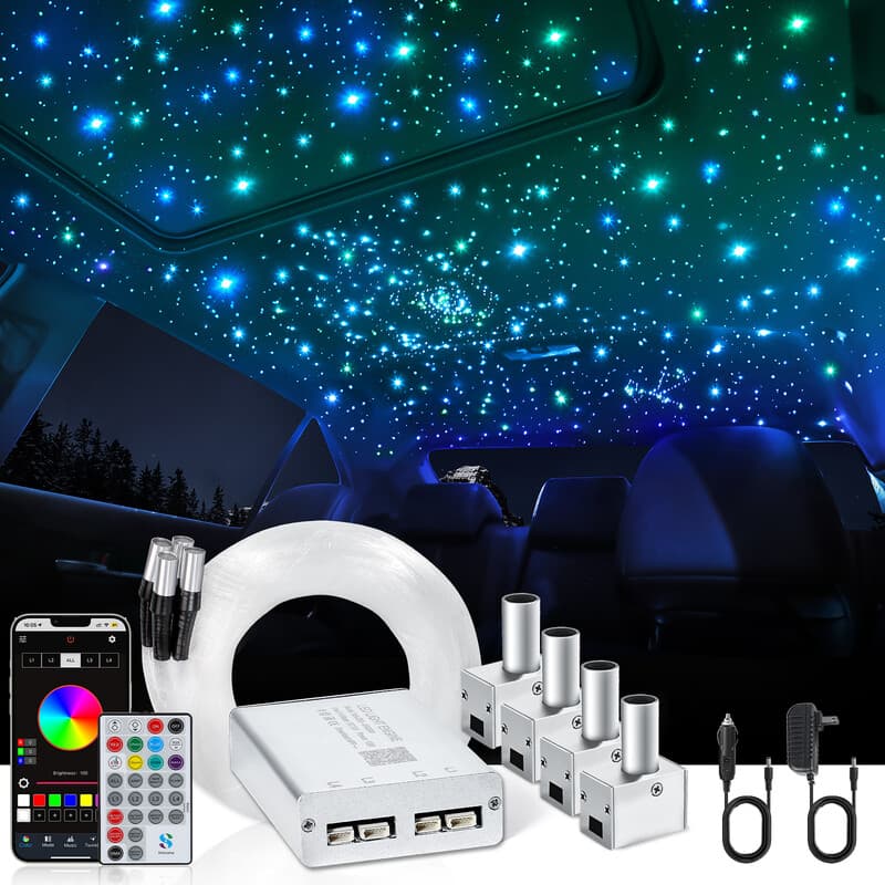 Split 4 Kleuren 12W Auto Starlight Plafondverlichting Kit 1000st*0.02in*9.8ft met APP & RF Afstandsbediening, RGBW Glasvezel Lichtvezels Sterrenhemelverlichting, 4-Poorts Geluidsgevoelige Ster Plafondlamp voor Auto/Huisdecoratie