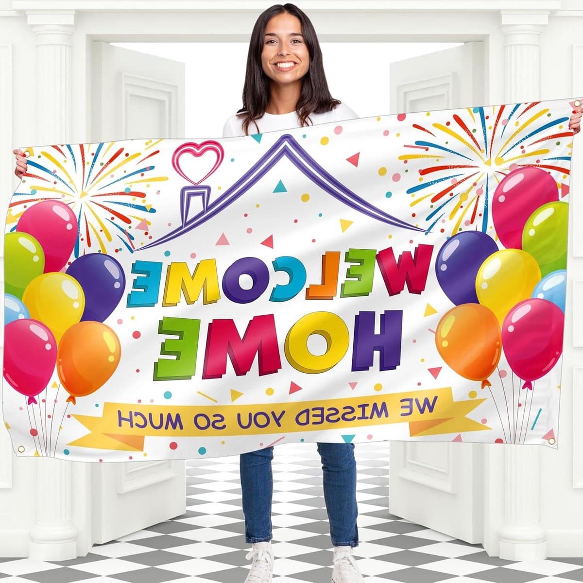 Welcome Home Banner - Welkom Terug Decoraties - Feestelijke Aankomst Vieren - Dubbel Gestikt - 152 x 91 cm - Wit