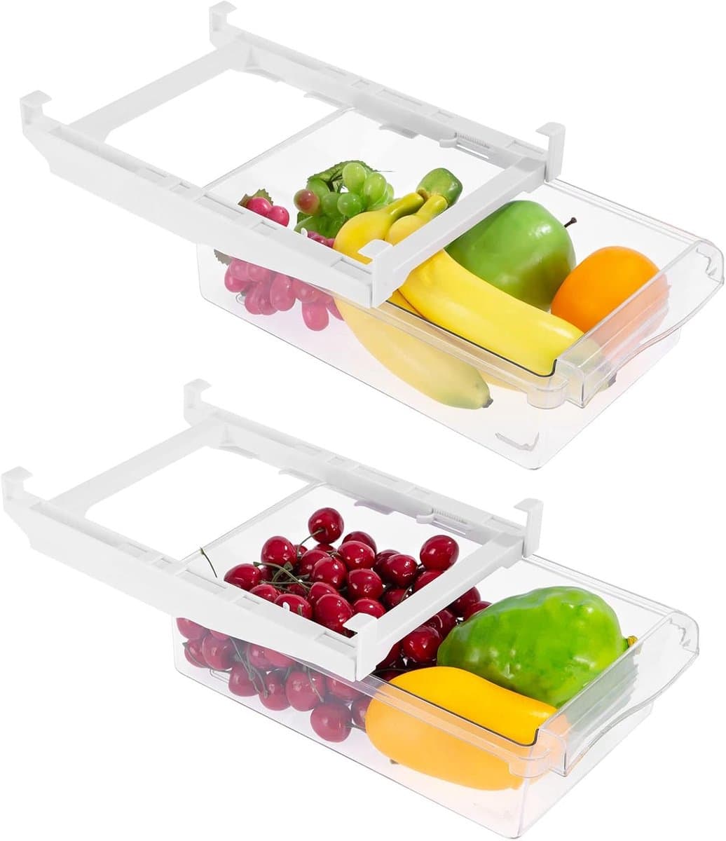 Tweedelige opbergdozen voor koelkasten, opbergdozen voor groenten en fruit, en uitschuifbare opbergvakken voor koelkasten.