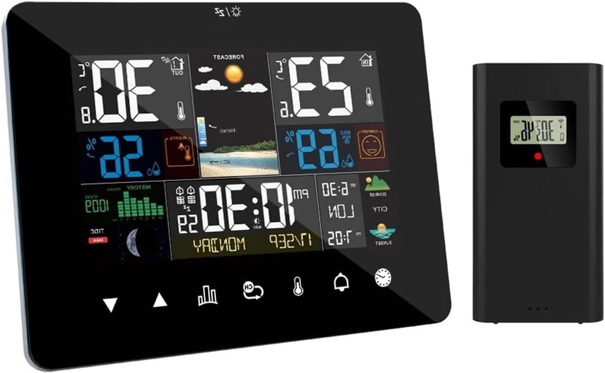 Weerstation met Touchscreen - Digitale Klok Weersvoorspeller - Binnen Buiten Monitoren - Gedetailleerde Weersvoorspelling - 200 x 100 millimeter - Wit