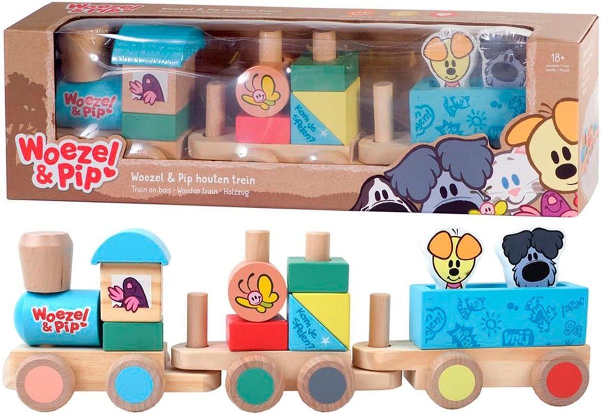 Woezel en Pip houten trein - Blokken - Locomotief en 2 wagons - Met 2 speelfiguren - 45 cm lang