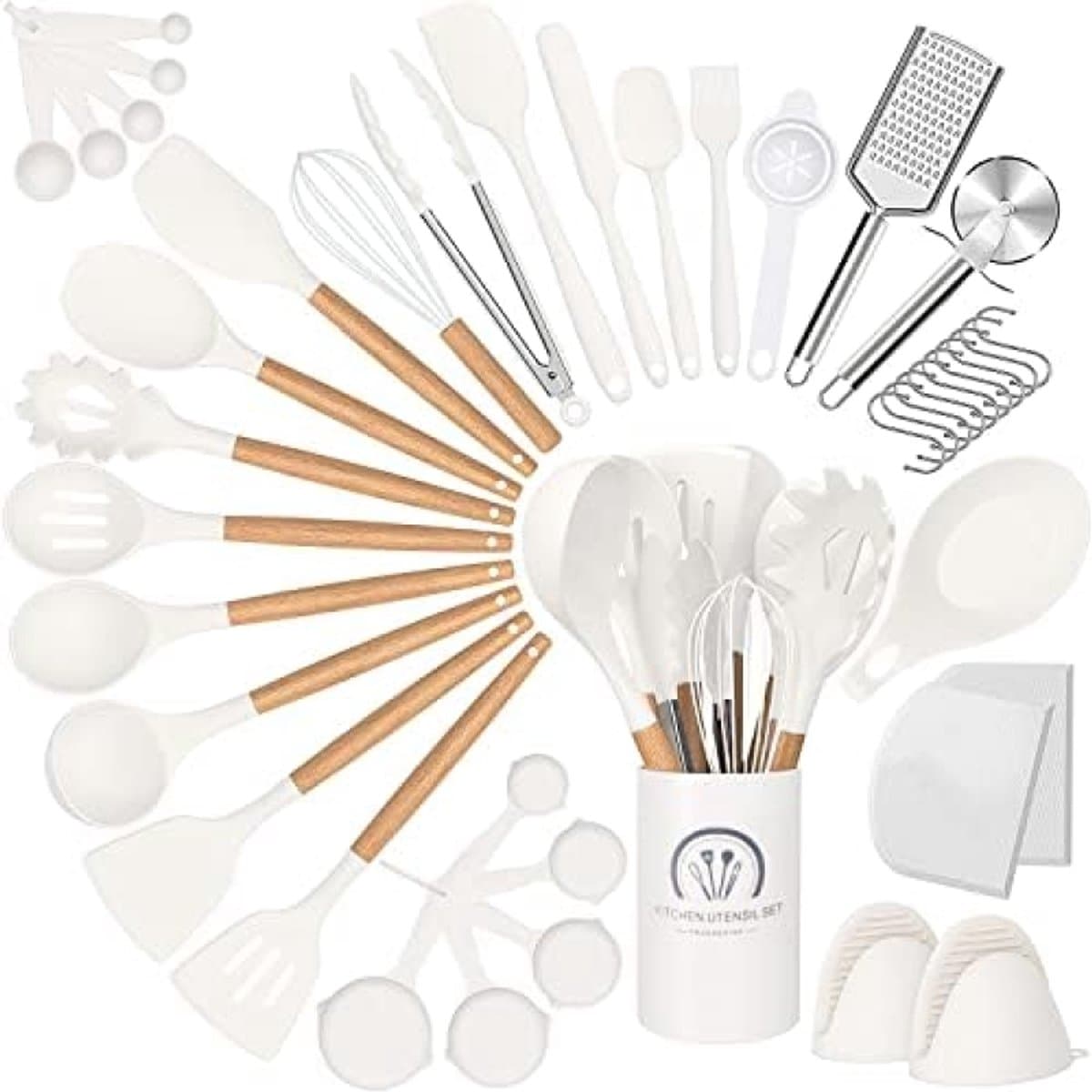 Complete Siliconen Keukengerei Set met Houten Handgrepen, Anti-Aanbaklaag, Pizzasnijder, Spatel, Garde, Maatbeker en Meer - Alles-in-Één Keukenaccessoires