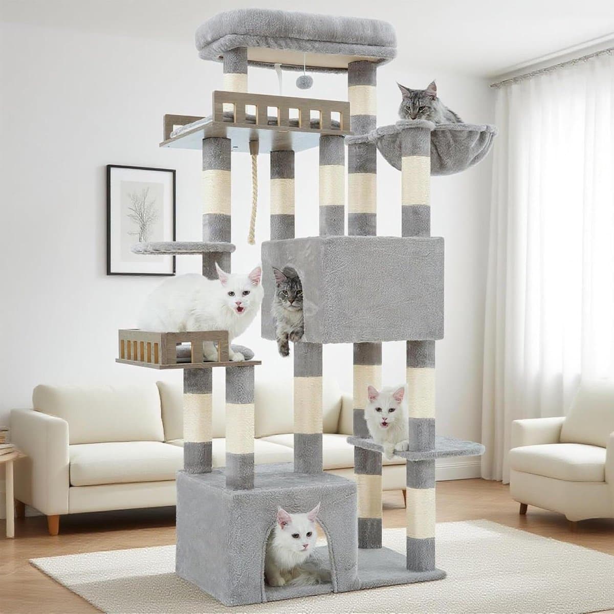 Kattenkrabpaal Hoog - Klimmeubel Kat - Spelen en Rusten - Stabiele Brede Basis - 174 cm Hoog - Lichtgrijs
