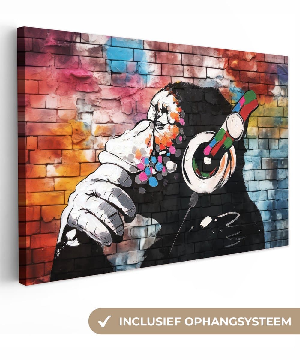 Canvas Schilderij 30x20 cm - Graffiti - Aap - Kleurrijk - Koptelefoon - Art - Dier - Wanddecoratie slaapkamer - Muurdecoratie woonkamer - Interieur decoratie - Schilderijen