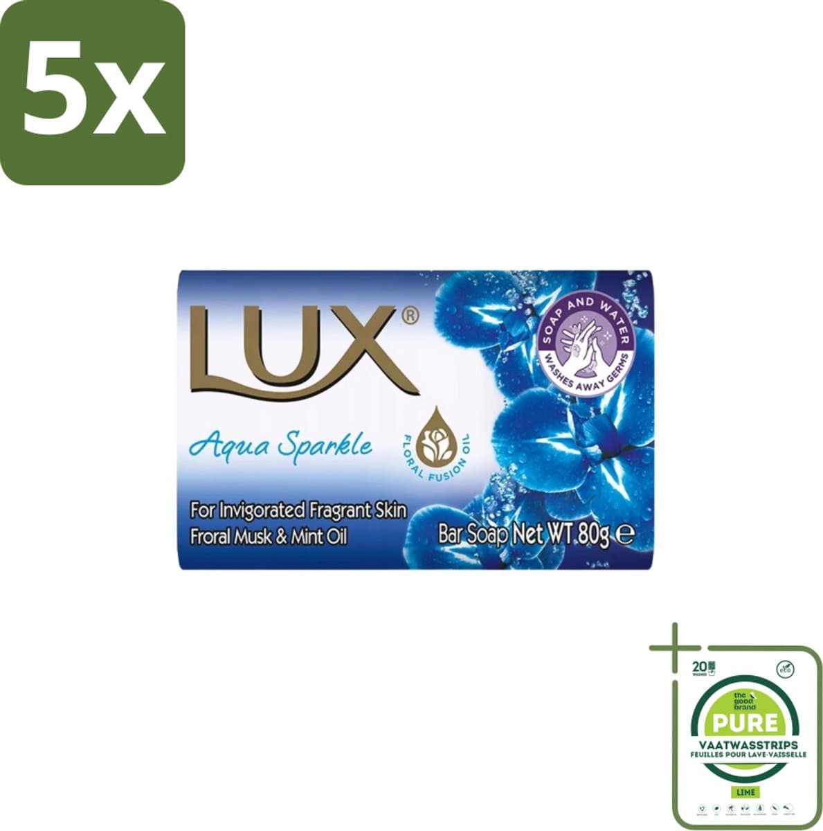 5 x Lux – Bar Soap – Aqua Sparkle – 80 g - Grootverpakking - Zeeptablet Aqua Sparkle - Reiniging - Frisse Geur - Zachte Reiniging - Luxe Wasbeurt