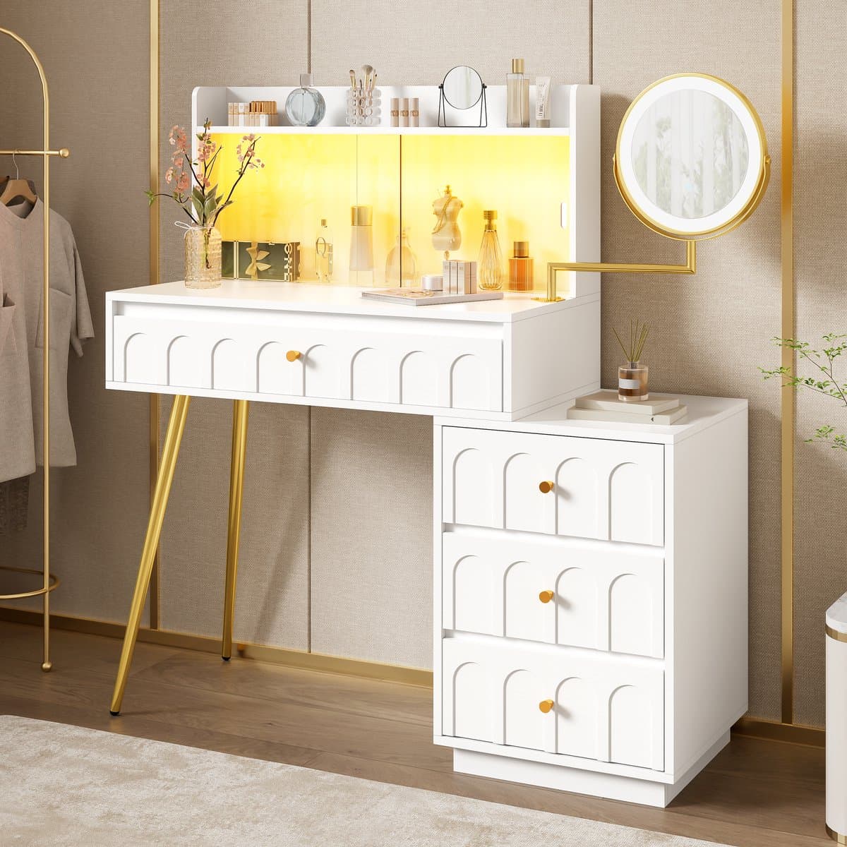 MIVRAY Kaptafel - Draaibare Spiegel Met Verlichting En 4 Laden - Voor Slaapkamer Of Kleedruimte - Wit Hout - 112x34,5x116 Cm