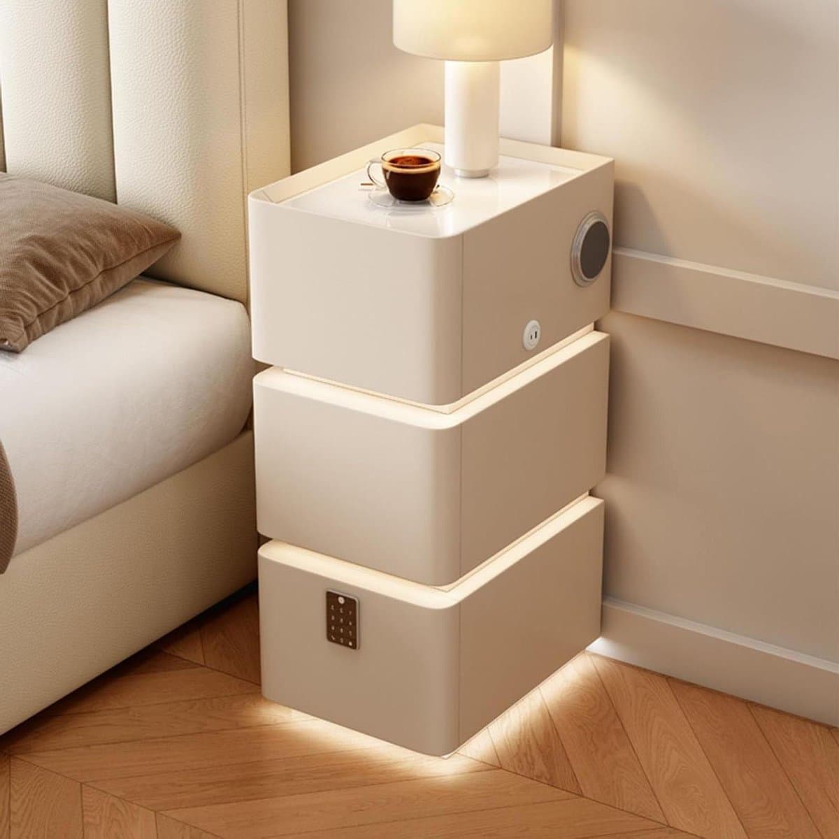 Smal LED Smart Nachtkastje - Nachtkastje met Luidspreker - Opladen en Muziek Afspelen - Ingebouwd Combinatieslot - 30cm - Khaki