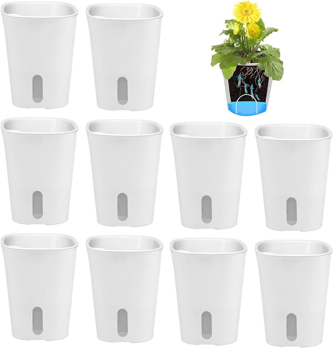 Kunststof bloempotten - Zelfbewaterend - Planten verzorgen - Waterniveau indicator - 10 stuks 7.5cm - Wit