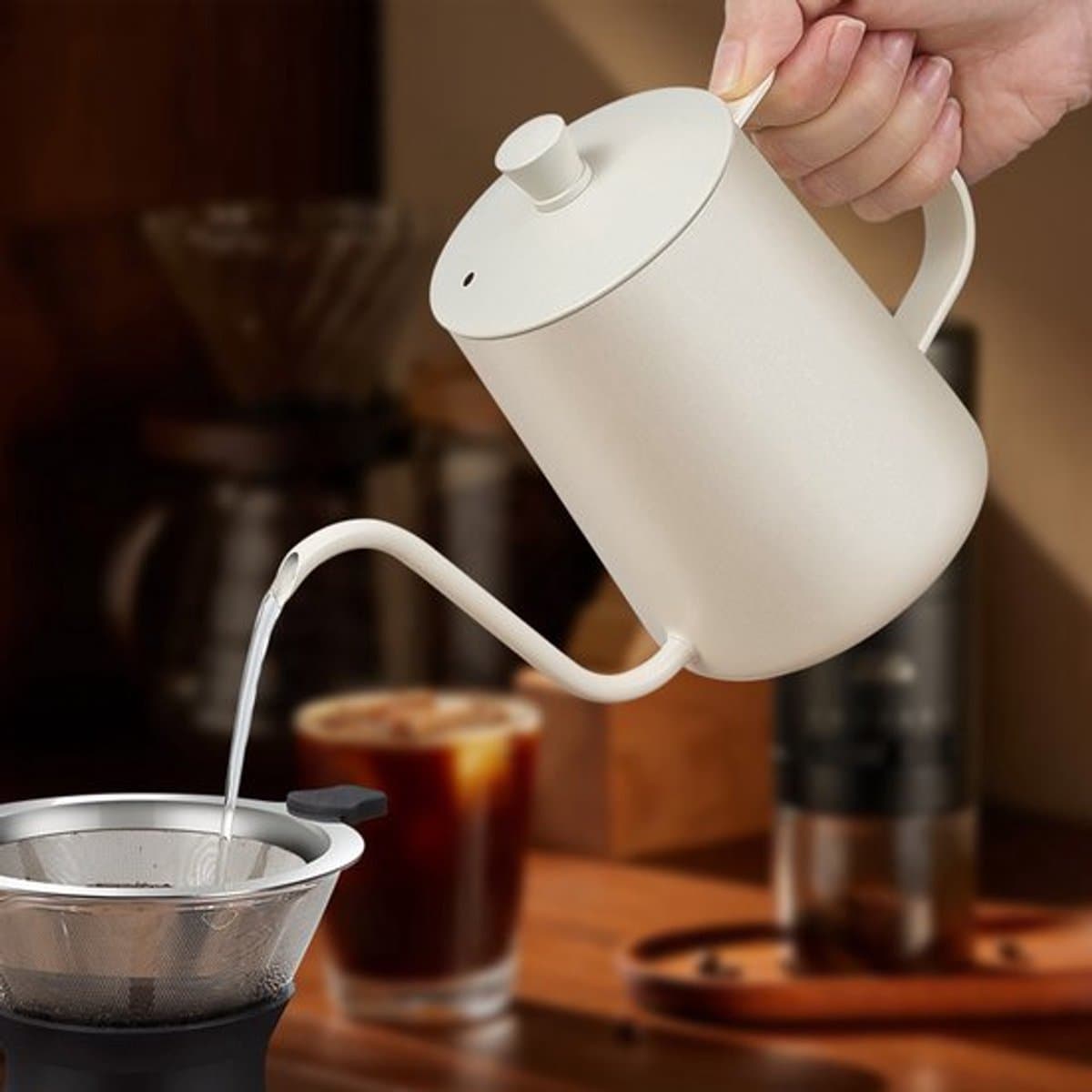 Pour-over waterkoker, koffiezetapparaat met zwanenhals en deksel, roestvrijstalen koffiezetapparaat met lange smalle tuit, pour-over waterkoker, pour-over theepot - 600 ml met gegradueerd deksel