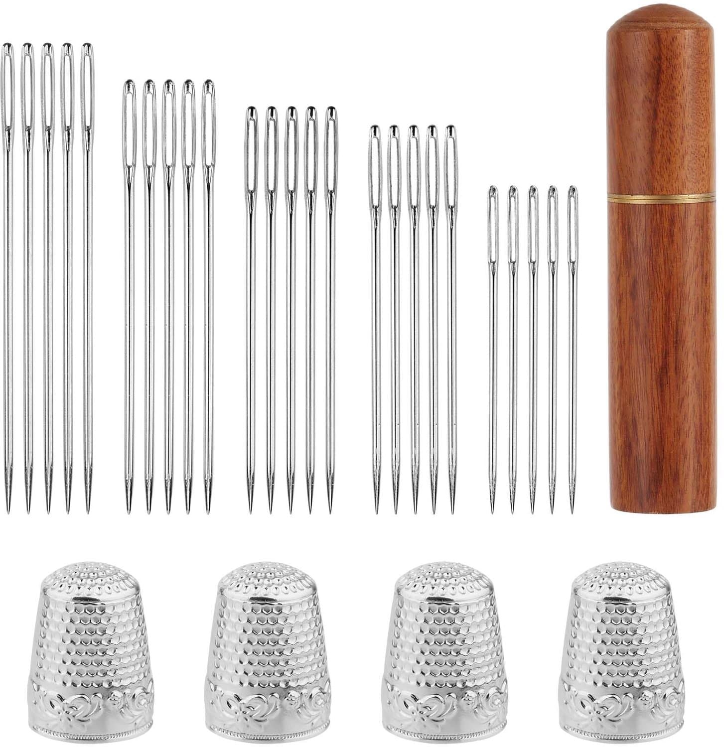 Grote Oognaalden Set 30st - Roestvrijstaal - Inclusief Houten Kist en 4 Vingerhoedjes - Perfect voor Borduurprojecten - ShopVlot