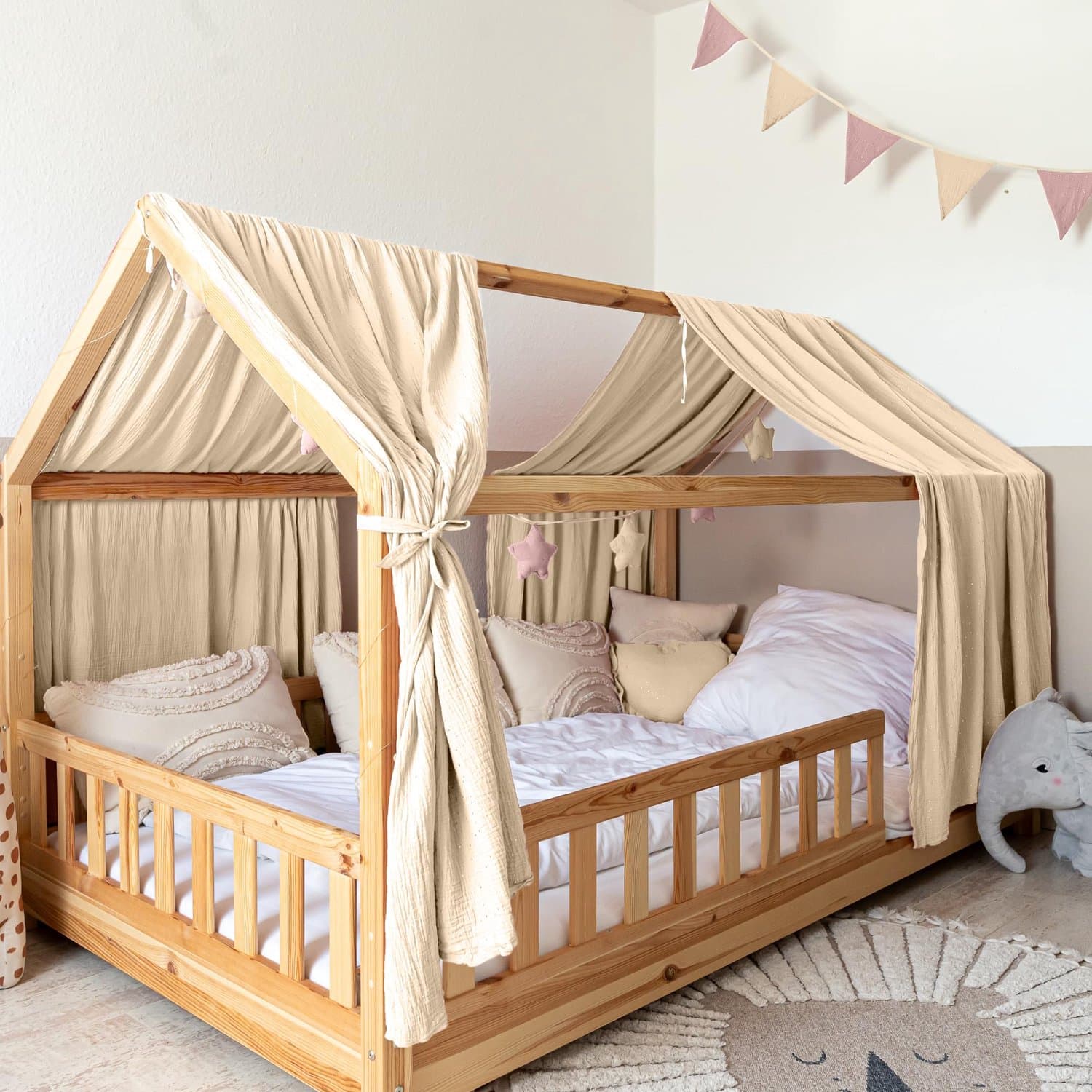 LILIMAUS Huisbed hemeltje met gouden details - bedhemel voor huisbed - 135 x 320 cm - mousseline katoen - crème