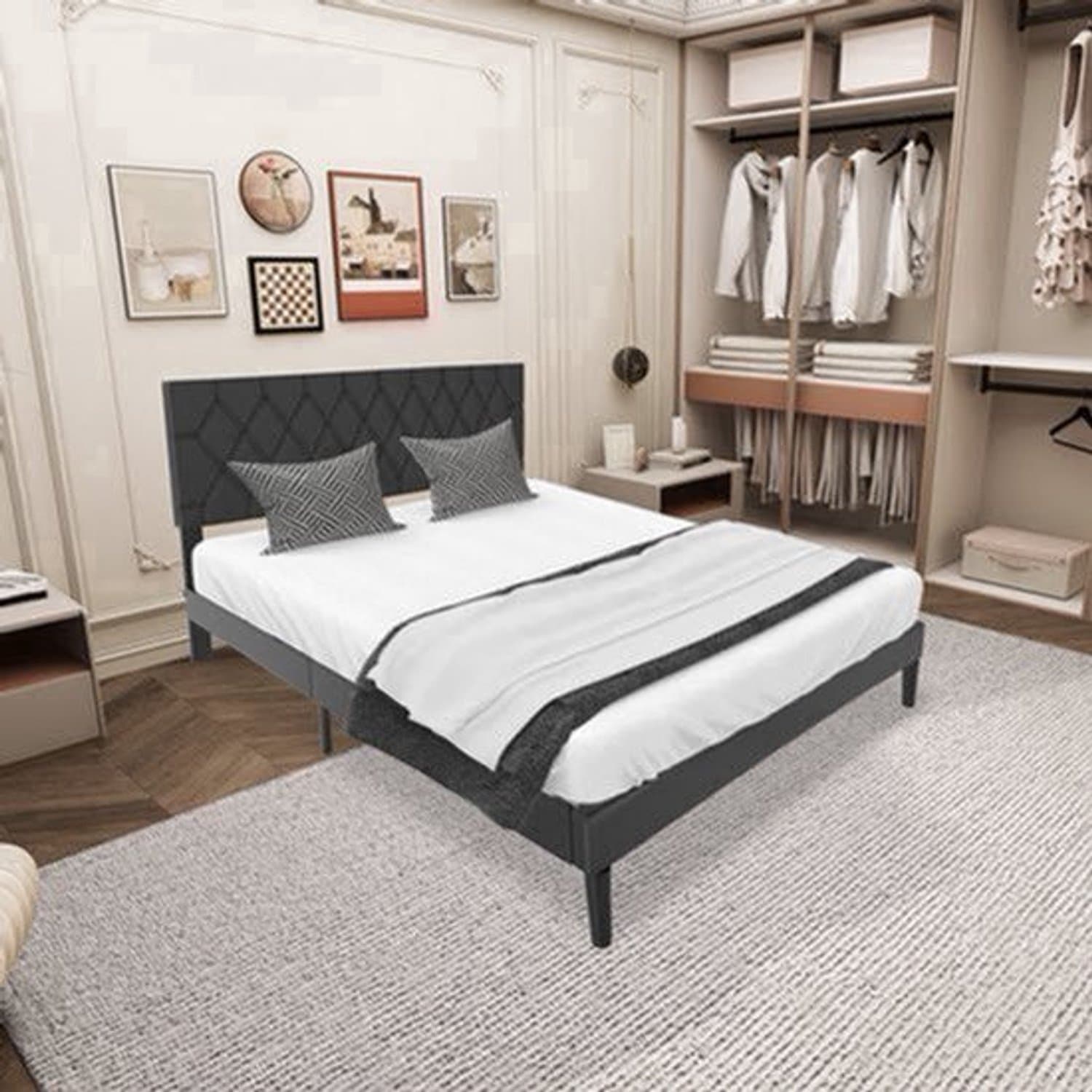 Bedframe – Gestoffeerd Bed – Tweepersoonsbed – Lattenbodem – Slaapbank – Kunstleer Hoofdbord – 160x200 cm – Draagkracht 300 kg