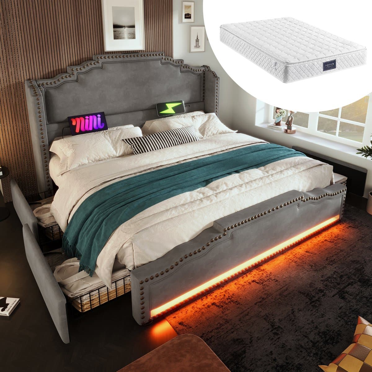 OKWISH Gestoffeerd Bed 160x200cm - 720 Veren Matras - Met LED En USB-C Oplaadpunt - 4 Laden Opbergruimte - Fluweel - Grijs Met Matras