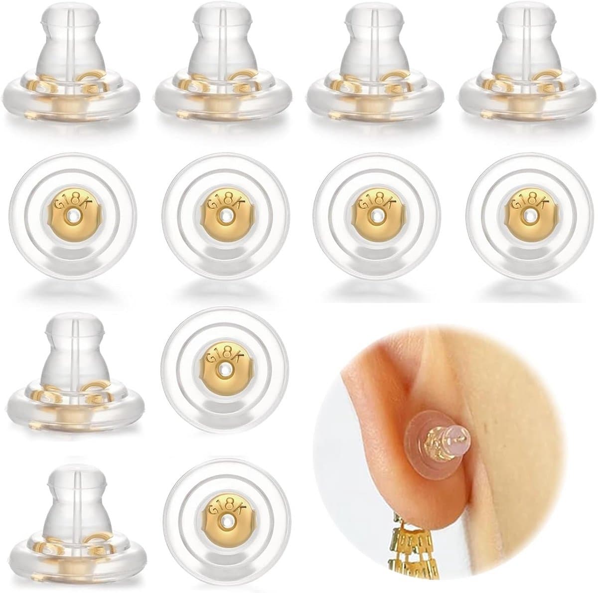 12x Hypoallergene Siliconen Oorbel Stopper Achterkantjes Goudkleurig