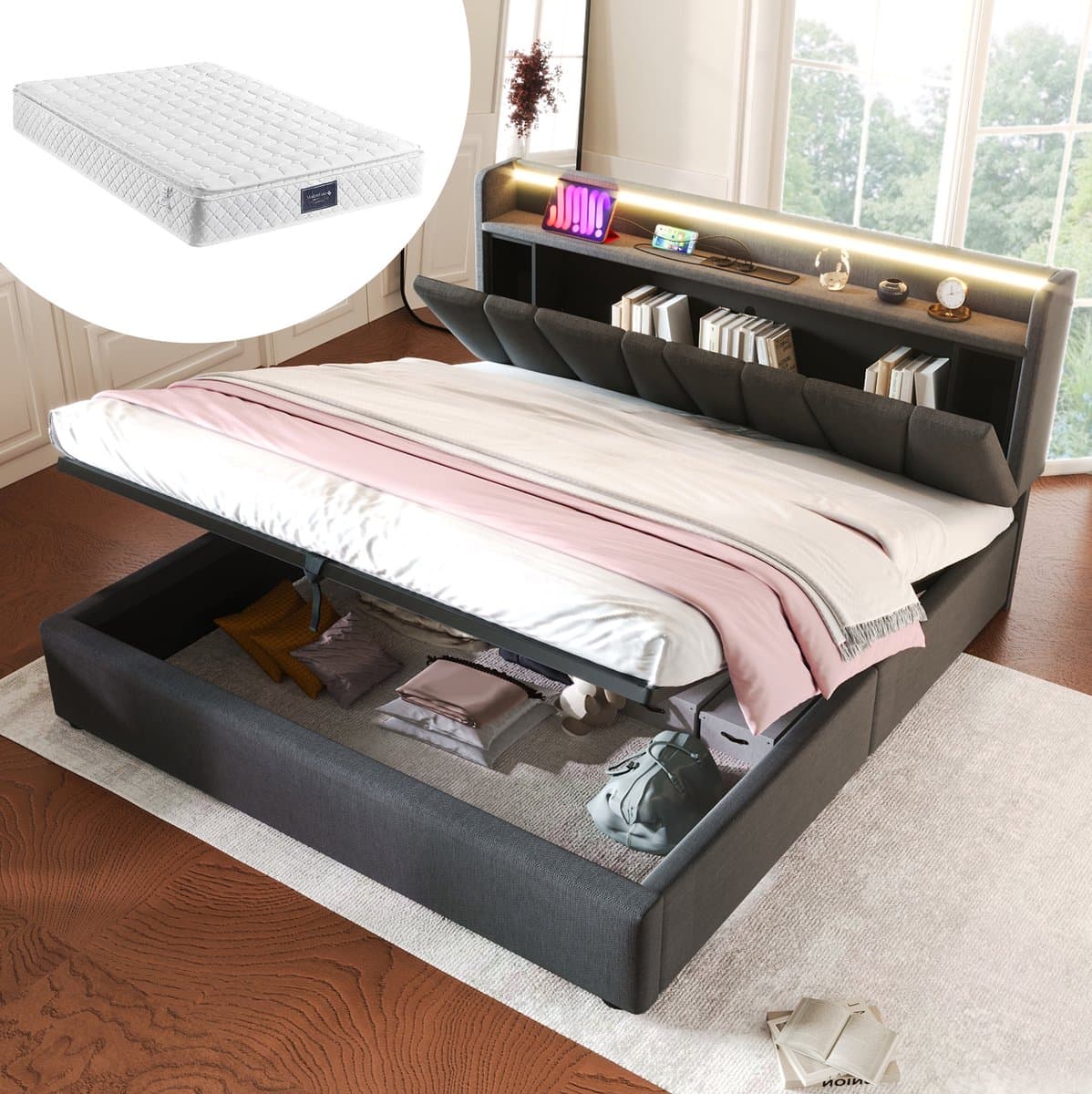 MEUNIQ tweepersoons opbergbed 140x200 cm met verstelbaar hoofdbord, USB, Type-C, stopcontacten, LED-verlichting en lattenbodem voor slaapkamer, grijs