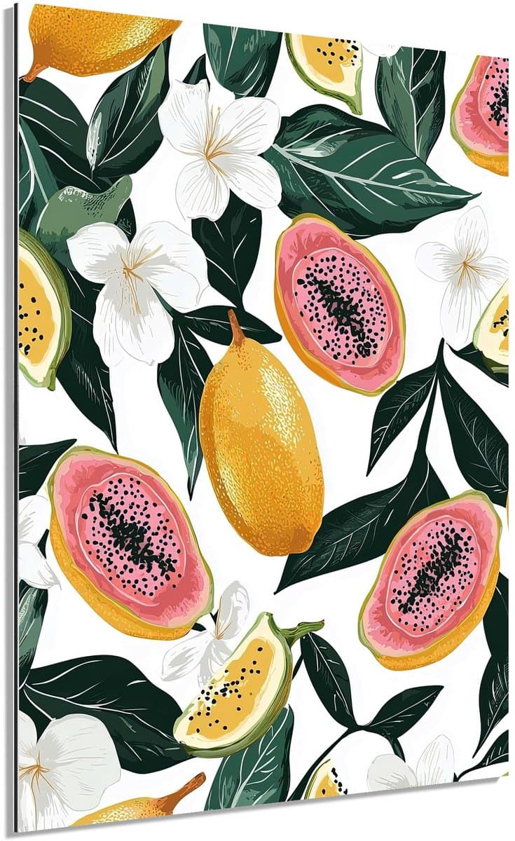Tropisch fruit en bloemen - Schilderij 80x120 cm - Wanddecoratie op Aluminium Dibond - Aluminium Wandpaneel