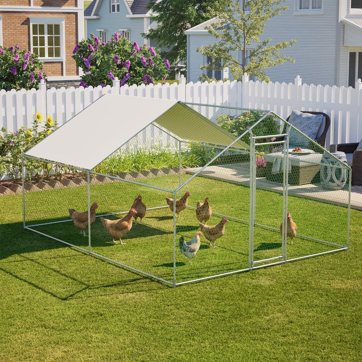 COVREO Kippenren 3x4x2 m grijs, van metaal met PE-afdekzeil en veiligheidsslot