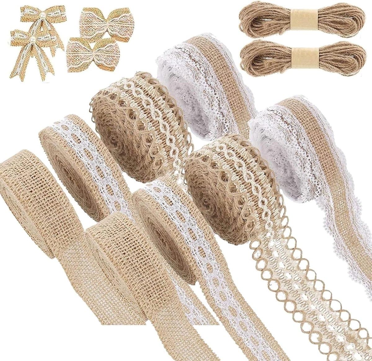 Jute Ribbon with Lace - 8 Rollen Natuurlijke Jute Tape voor Versiering en Knutselen