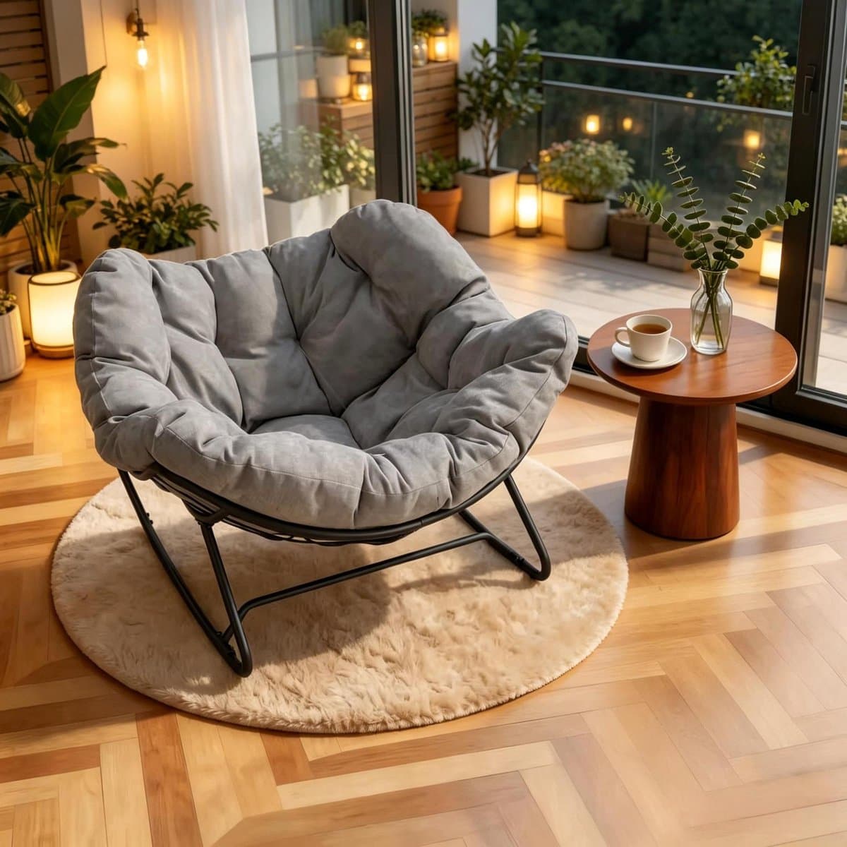 OKWISH Schommelstoel 91 x 102,5 x 77 cm - Ei Vormige Fauteuil Met Omhullende Zitting - Voor Woonkamer Slaapkamer Of Balkon - Chenille En Metaal - Lichtgrijs