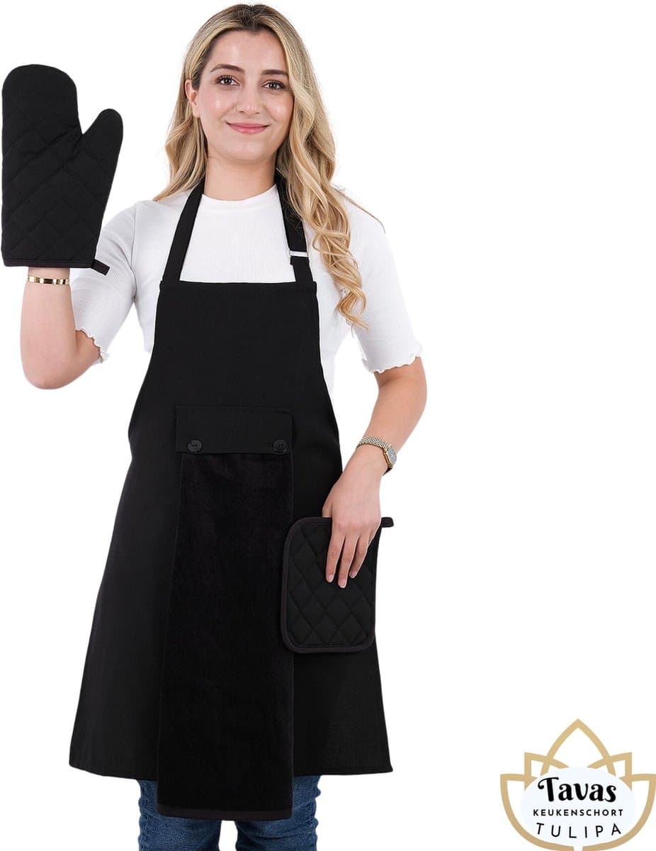 Tulipa zwarte Keukenschort Set van 5 met zwarte Handdoek en Ovenwanten Pannenlappen Professioneel Verstelbaar Kookschort BBQ Schort Horecakwaliteit Schorten voor vrouwen One Size Fits All