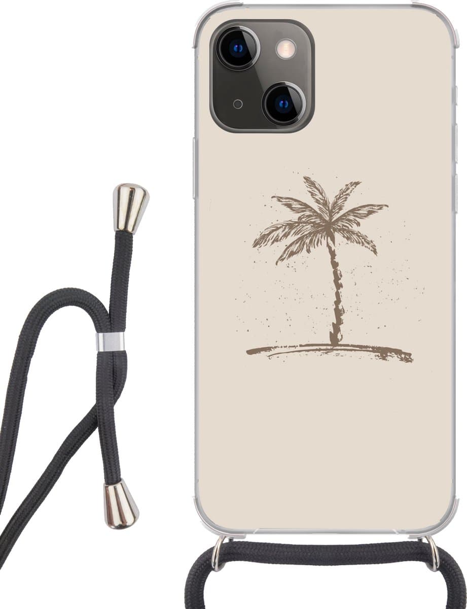 Telefoonhoesje Geschikt voor iPhone 13 - Palmboom - Bruin - Beige - Tropisch - Siliconen - Crossbody - Backcover met Koord - Telefoonhoesje met koord - Hoesje met touw Telefoonhoesje