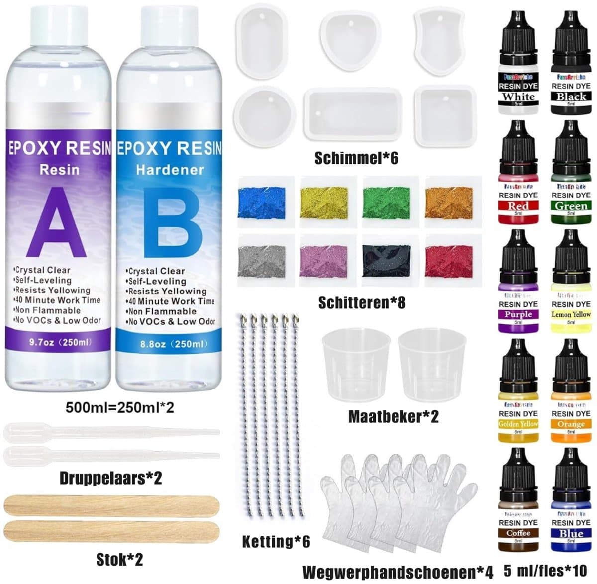 Nexvo® Epoxy Starterspakket - Zelf Sieraden Maken Set – Resin Starterskit Inclusief Giethars En Mallen – Paars - 23cm x 14cm x 6cm