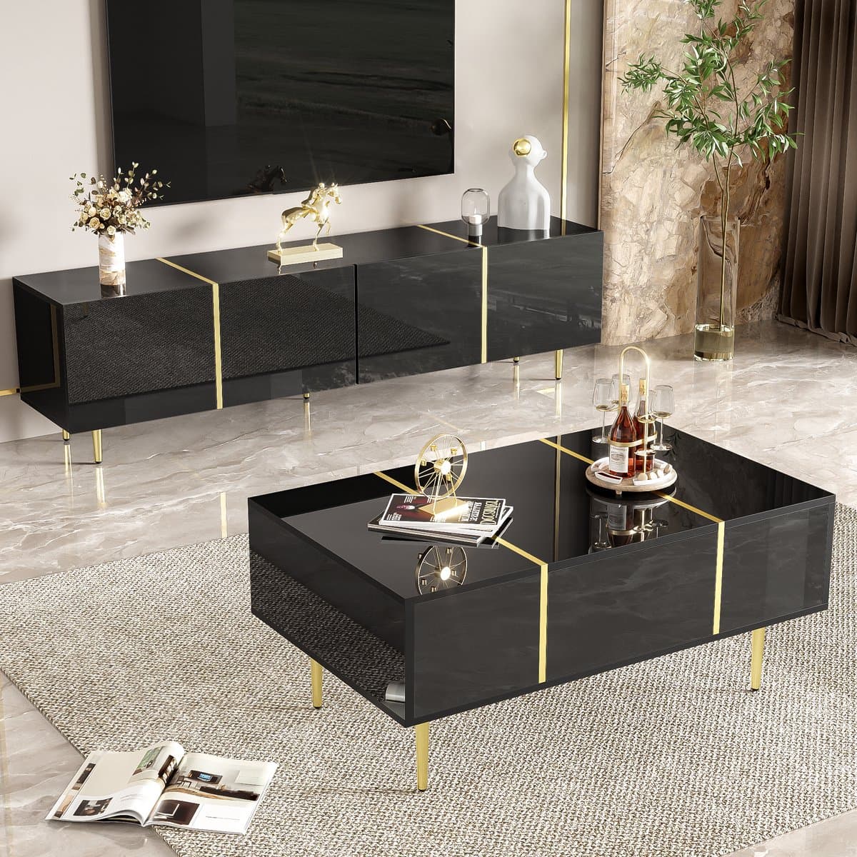 HAUSS SPOLE Meubelset Tv Meubel En Salontafel - Hoogglans Met Opbergruimte - Voor Woonkamer - MDF Zwart Met Goud - 170x35x46 En 100x60x41,5 Cm