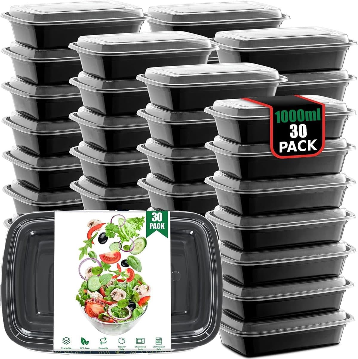 JHUBERS- Maaltijdbereidingscontainers 30 stuks - Herbruikbare Voedselcontainers 1000 ml - BPA-vrij - Magnetronbestendig - Vriezerbestendig - Opbergdozen met deksel