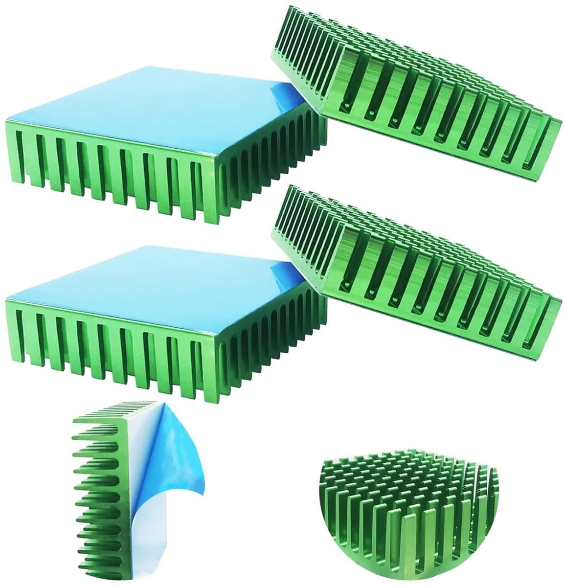 Pack van 4 Koelvinnen van Groen Aluminium met Thermo Tape voor Computer Hosts en 3D Printers, 40 x 40 x 11 mm, Efficiënte Warmteafvoer, Duurzaam Ontwerp, Verbeterde Koeling