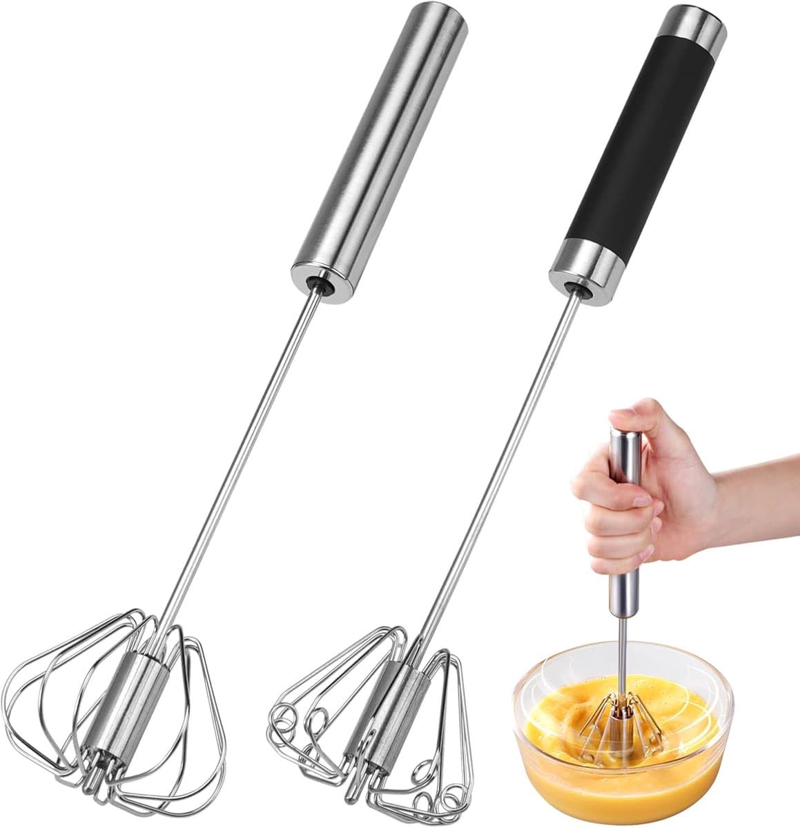 2 Stuks Roestvrijstalen Halfautomatische Garde, Semi-Automatische Eiergarde,Eierkloppers, Hand Push Eierklopper, Garde Roterende Roerder Voor Mengen, Opschuimen, Mengen, Kloppen, Kloppen, Roeren