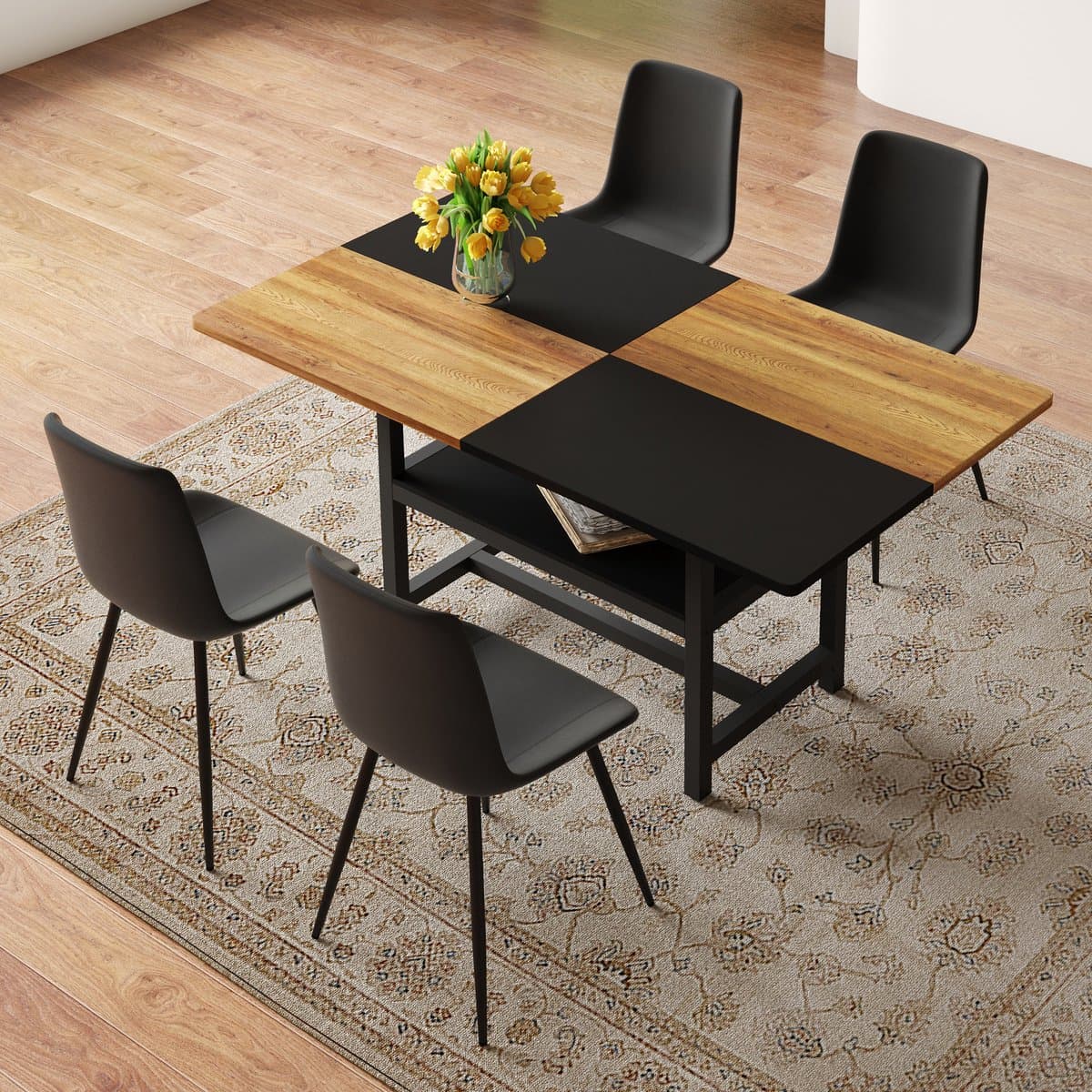 OKWISH Eettafelset 160 Cm - Met Opbergplank En 4 Eetkamerstoelen - Voor Keuken En Eethoek - MDF Metaal En PU - Bruin Zwart