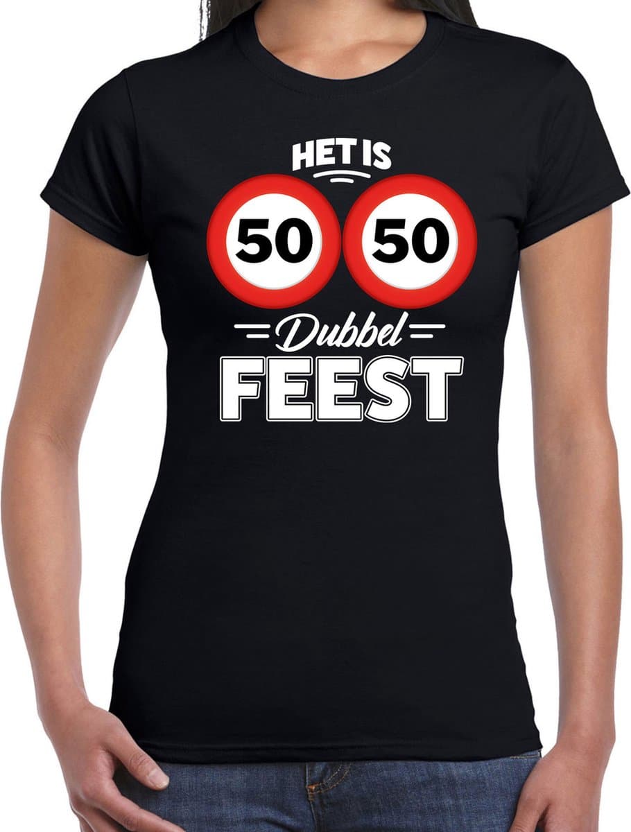 Het is dubbel feest verjaardag t-shirt zwart voor dames - Cadeau shirt - 50 jaar / Sarah XS