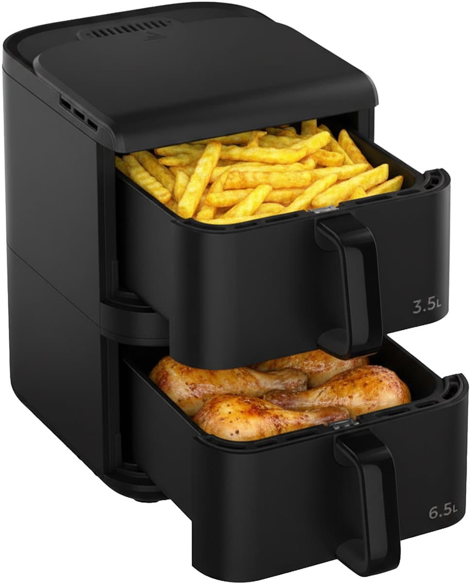 Heinner Dubbele Airfryer 10 L – Heteluchtfriteuse 2 Manden – 10 Programma’s – Smart & Dual Cooking – 2500 W – Digitale Bediening – Zwart