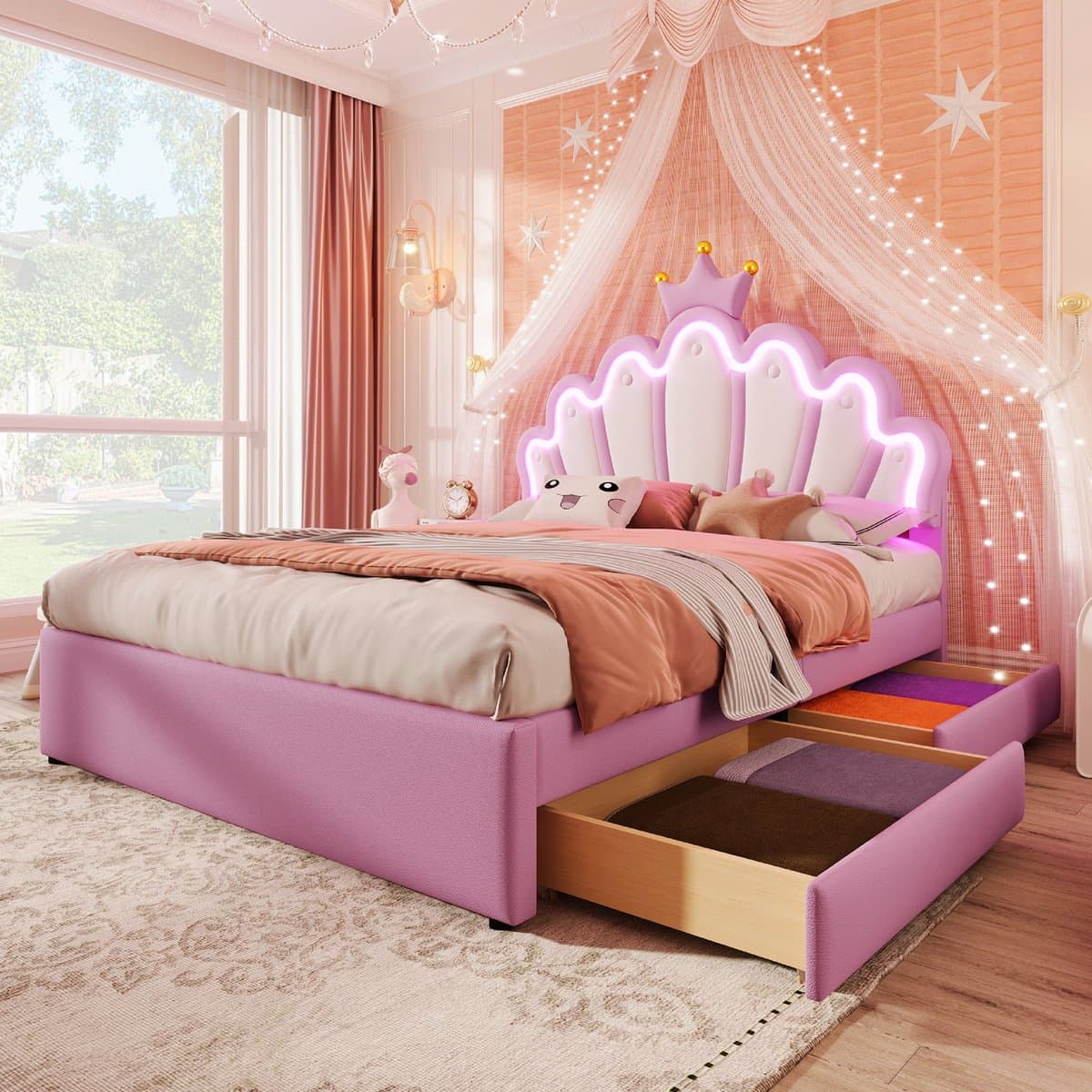 VVBV Kinderbed 90x200 cm met 2 Opbergladen Afstandsbedienbare Sfeerverlichting Prinsessenbed in Kroonvorm Verstelbaar Hoofdeinde PU