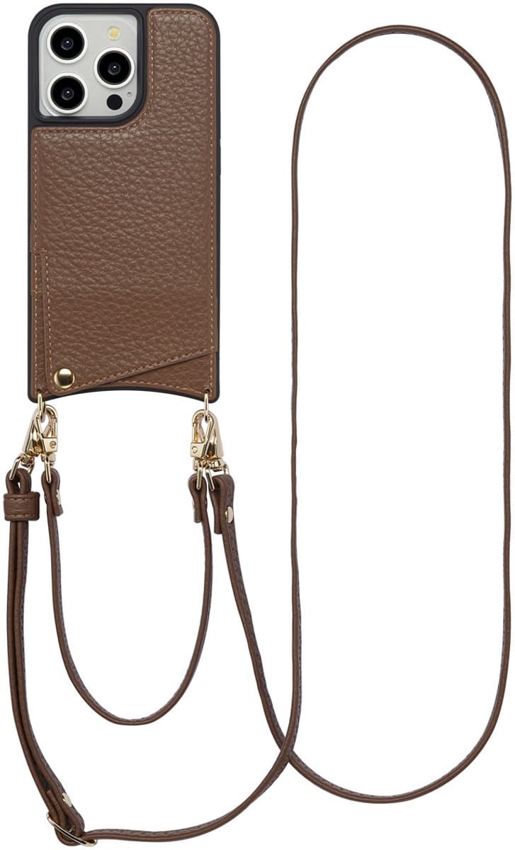 Selencia Hoesje - Geschikt voor Apple iPhone 14 Pro - Backcover met koord en pashouder - Mocha Brown