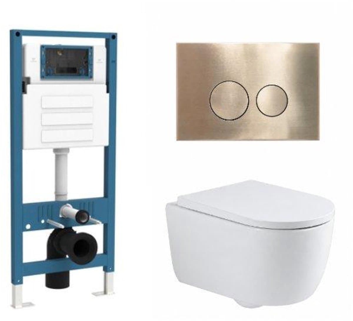 QeramiQ Dely Swirl Toiletset - inbouwreservoir Qeramiq Flush - 35mm zitting - metaal messing geborstelde bedieningsplaat - ronde knoppen - glans wit