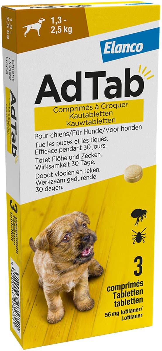 AdTab Vlooien Tabletten Hond - 1.3 tot 2.5 kg - 2 x 3 tabletten tegen vlooien en teken hond + Gratis Foldable Bowl