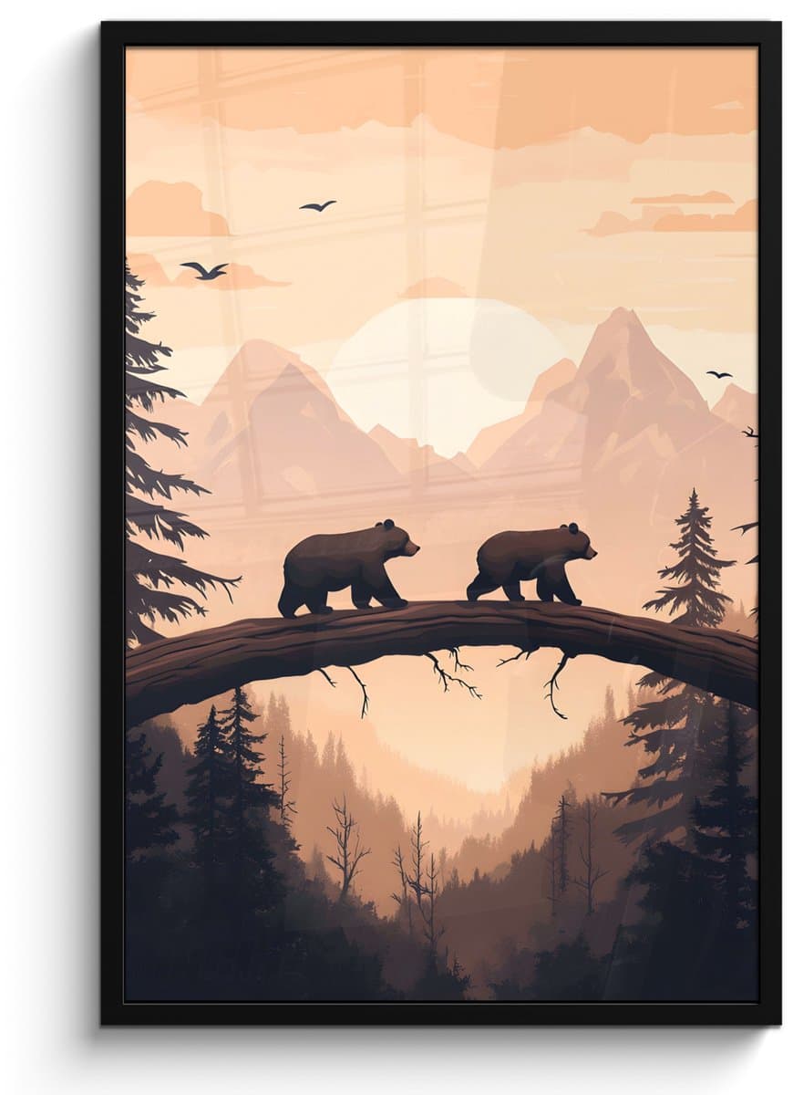 Poster in lijst - Fotolijst 60x90 cm - Posters - Beren - Bomen - Landschap - Zonsondergang - Posterlijst zwart - Decoratie - Wanddecoratie woonkamer - Muurdecoratie slaapkamer