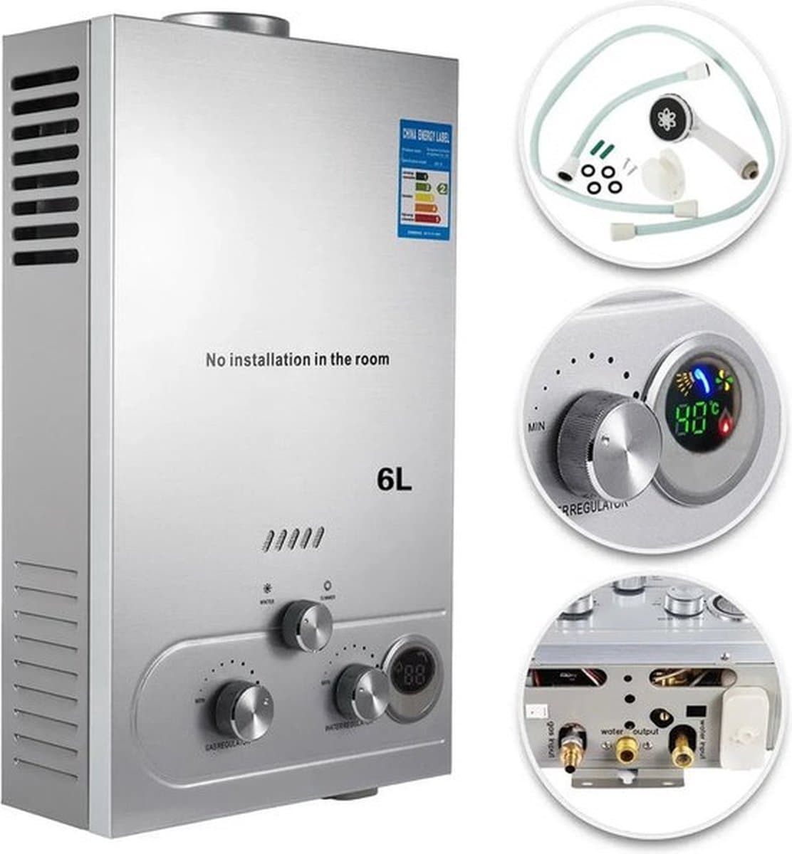 Vevor - Draagbare doorstroomwaterverwarmer - LPG Propaan Gasverwarmer - Tankloos - Wandmontage - 6L 12KW - Zilver