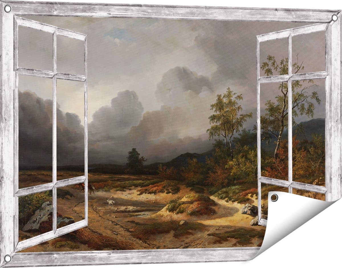 Gards Tuinposter Doorkijk Landschap bij Naderend Onweer - Willem Roelofs - 90x60 cm - Tuindoek - Tuindecoratie - Wanddecoratie buiten - Tuinschilderij