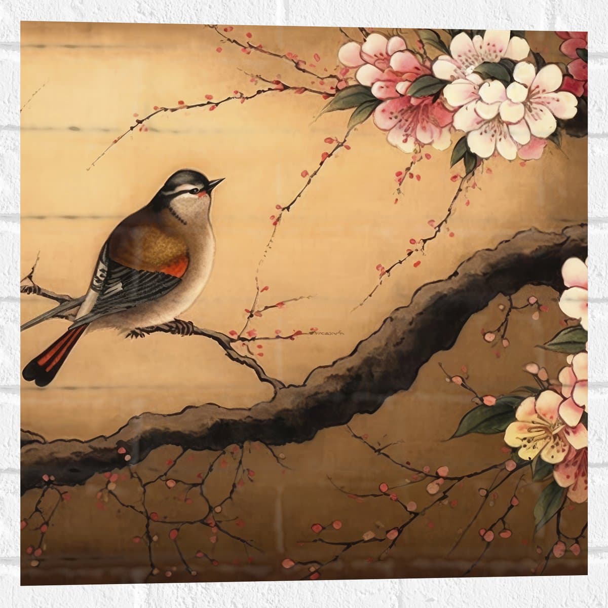 Muursticker - Tekening van Vogeltje op Tak met Roze Bloemen - 50x50 cm Foto op Muursticker