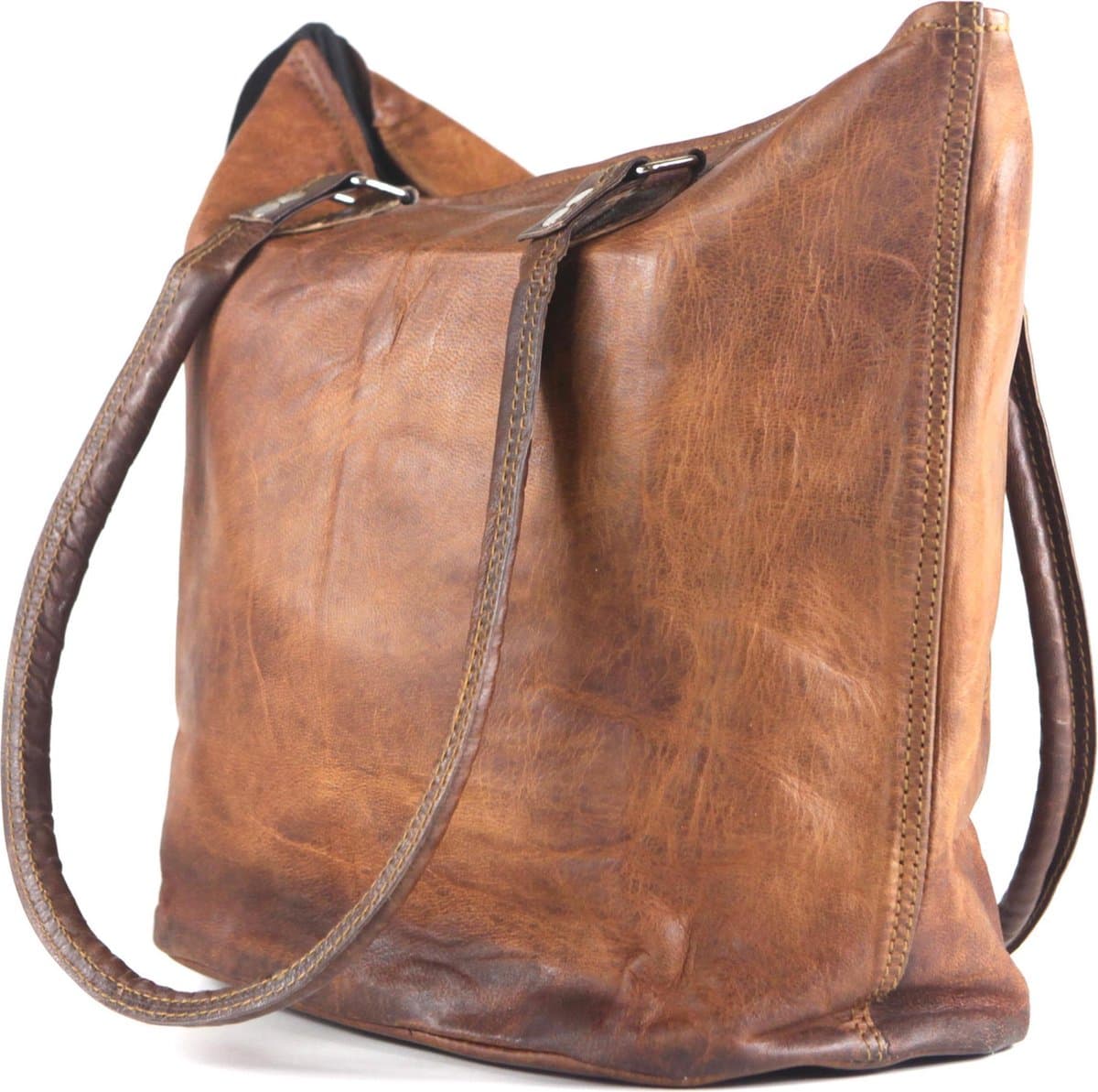Boodschappentas – ‘’ASTURIAS’’ Bucket Bag 44 x 31 x 10 cm – Echt leer – Bruin Cognac Kleur – Handgemaakte Tas
